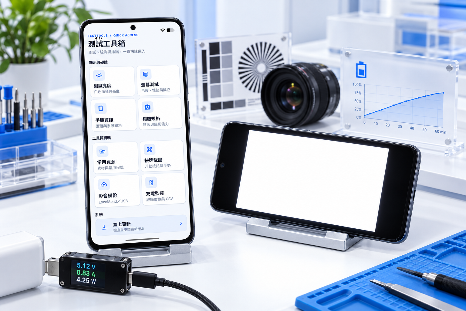 TestTools 進行亮度、相機與充電數據測試的工作台情境